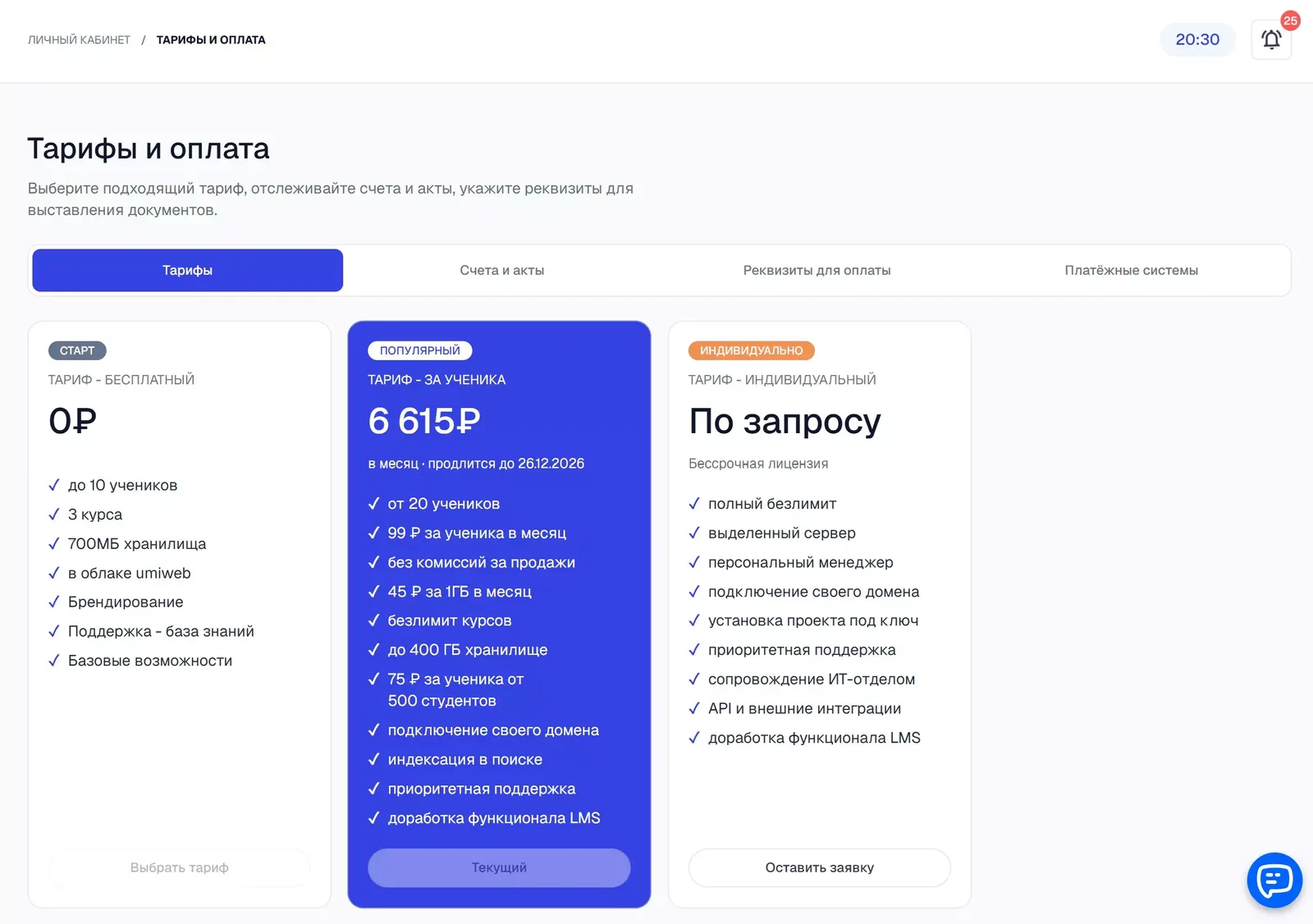 Вкладка «Тарифы»: текущий тариф отмечен кнопкой «Текущий».